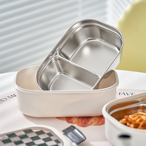 2-roms Bento Box Varmekonservering Rustfritt stål mellomlag Lunchboks Lufttette bærbare matbeholdere for skolekontorsgaller