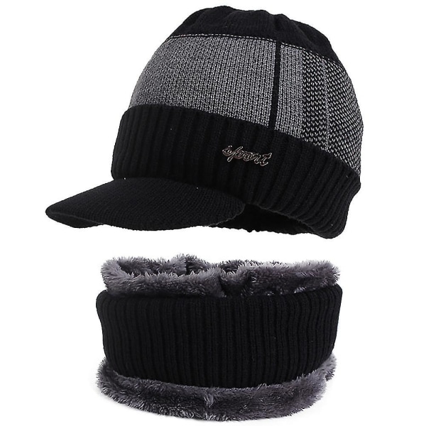 Män varmare vinter fleece fodrad utomhus stickade mössor Peaked Hat Scarf Set black