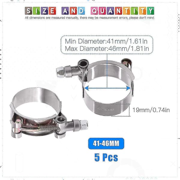 Sæt med 5 bløde kabelklemmer i rustfrit stål, slangeklemmer i rustfrit stål med T-bolt 41-46MM