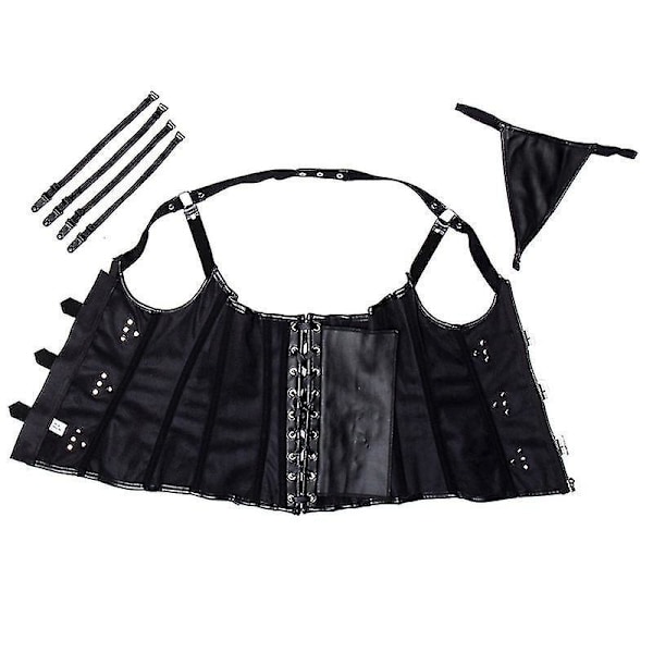 Steampunk Faux Läder Midjetränare Korsett - Öppen Byst Dragkedja Stängning (Svart, Plus Size)