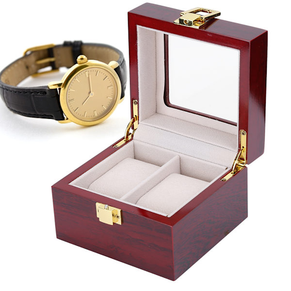 Trä 2 Grid Watch Display Box Transparent fönster Watch förvaringsbox (röd)