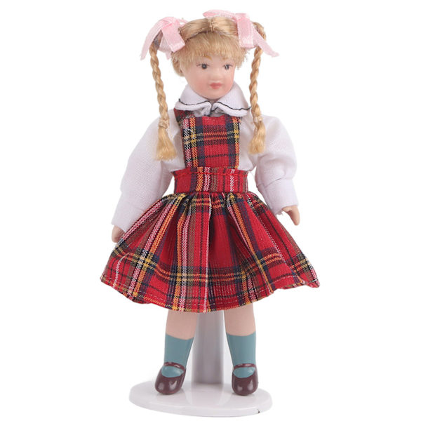 1:12 Nukkitalo Nukke Miniatyyri Posliini Pitkä Punottu Punainen Mekko Tyttö Mini Leikkikalu Nukke Malli Punainen