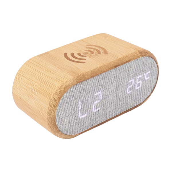 Träväckarklocka USB trådlös laddning Trä LED Digital Display Ljudkontroll för sovrum multifunktionell present