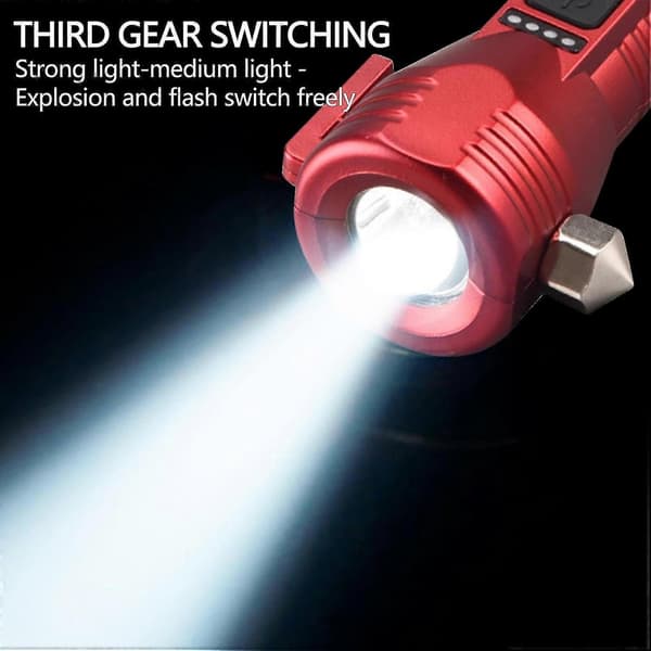 Solcellsdriven och LED-USB-ficklampa med USB-laddning och bilhammarfunktion Red
