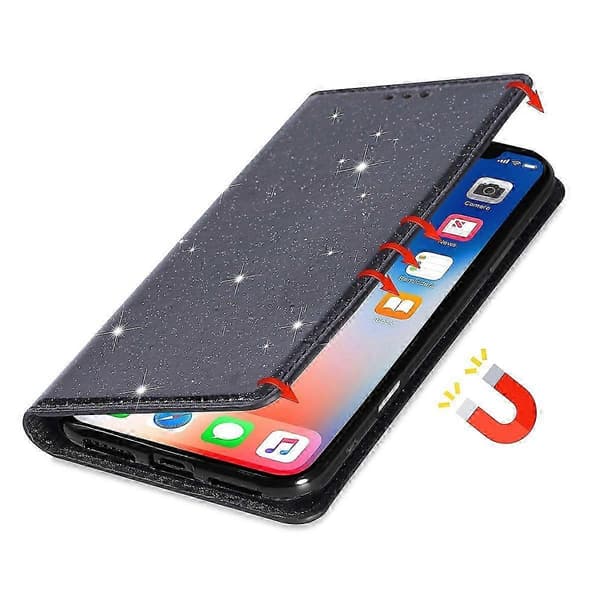 Cover til iPhone 16 Plus, glitrende PU-læder + TPU med kortholder - Rosa Black