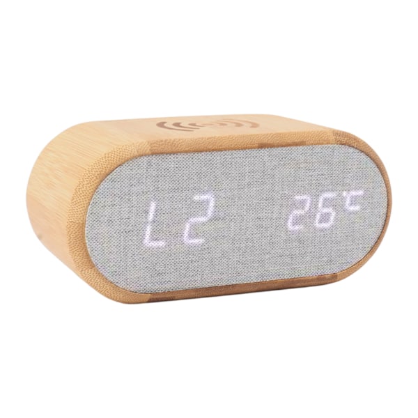 Träväckarklocka USB trådlös laddning Trä LED Digital Display Ljudkontroll för sovrum multifunktionell present