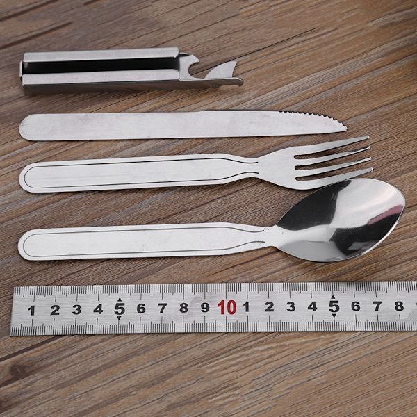 4 stk/sett rustfritt stål bestikk gaffel skje kniv og flaskeåpner for camping piknik