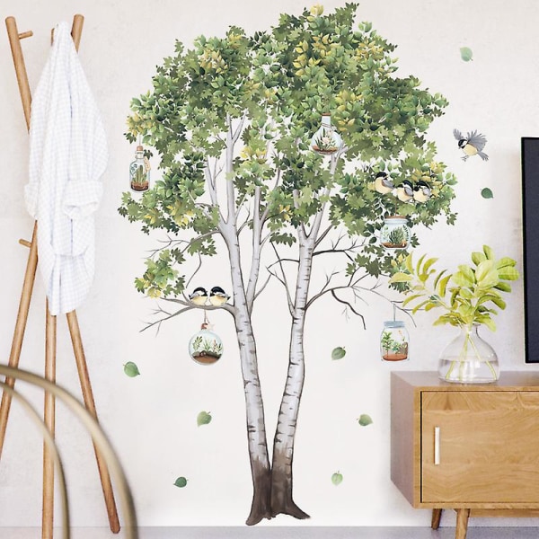 Tropiska växter Stort träd väggdekal med flygande fåglar, avtagbar fruktträd i pastoral stil, hängande korg för fågelbur, själv-konst väggmålningar för barnkammaren Liv black