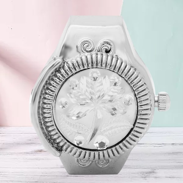 Finger Ring Ur Flip Up Cover Rund Rose Blomst Kvinder Finger Kvarts Ur (Hvid)
