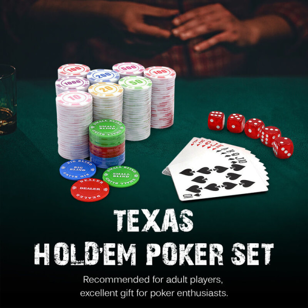 200 stk Poker Chips Sett Poker Kit Casino Chips 2 kortstokker Spillekort Pokersett, Modell: Flerfarget