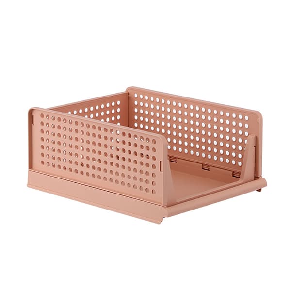 Stackable Storage Basket Plastic Large Open Bin Wardrobe Fabric Container for Bedroom Living Room Pink