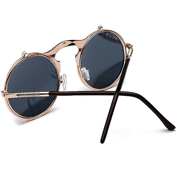 Retro Flip Up Circle Steampunk Solglasögon Vintage Glasögon Rosa Ram Grå Linser