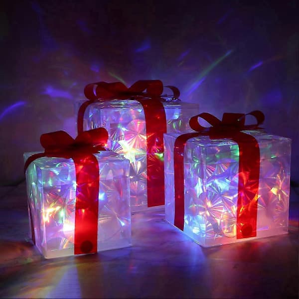 Set med 3 julklappsaskar med upplysta presenter, hopfällbara, batteridrivna, varma ljus RED Illumination