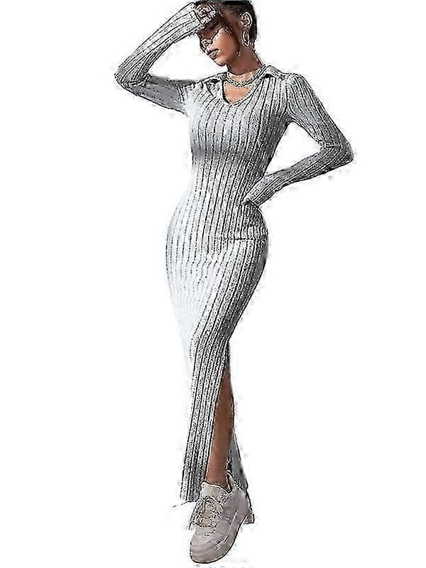 【LD】Dame Crewneck Pullover Genser Kjole Slim Fit Strikkede Bodycon Kjoler Grey M
