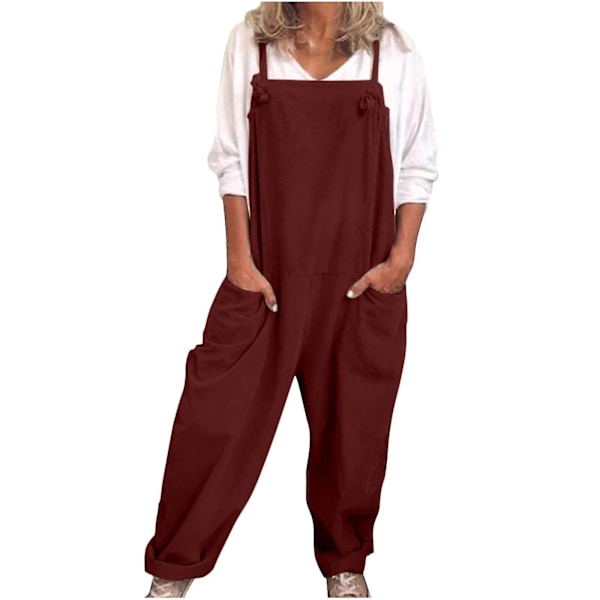 Casual Loose Bomull Linne Dam Overaller Jumpsuit XL Röd