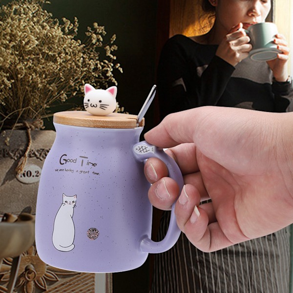 1 stk Søt Katt Keramikkopp med skje og lokk Kaffe Vann Melkekopp for Drikkgave (lilla)