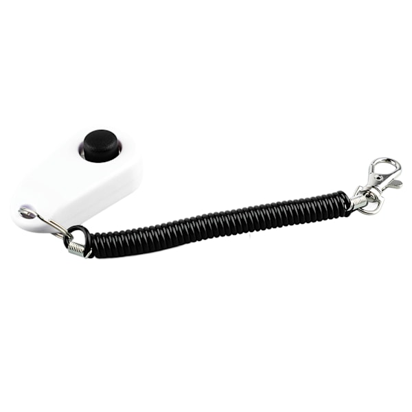 Koirien koulutusklikkeri Universal Interactive Pet Training Clicker mustalla pitkällä rannehihnalla ja renkaalla valkoinen