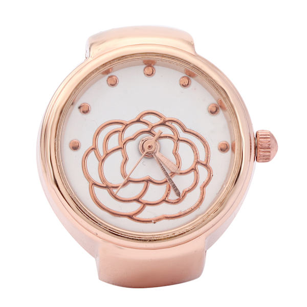 Sormuskello pyöreällä kellotaululla ruusun kukka kuvio naiset sormi kvartsikello Rose Gold