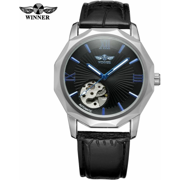 T-Winner Automatisk mekanisk watch för män med läderrem Luminous Display Watch, modell: svart