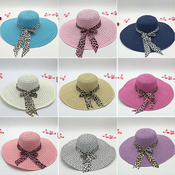 Solskyddsmedel Flätad Vikbar Stråhatt Leopard Rosettdekor Bred Brätte Dam Strandhatt Modeaccessoarer Light Pink