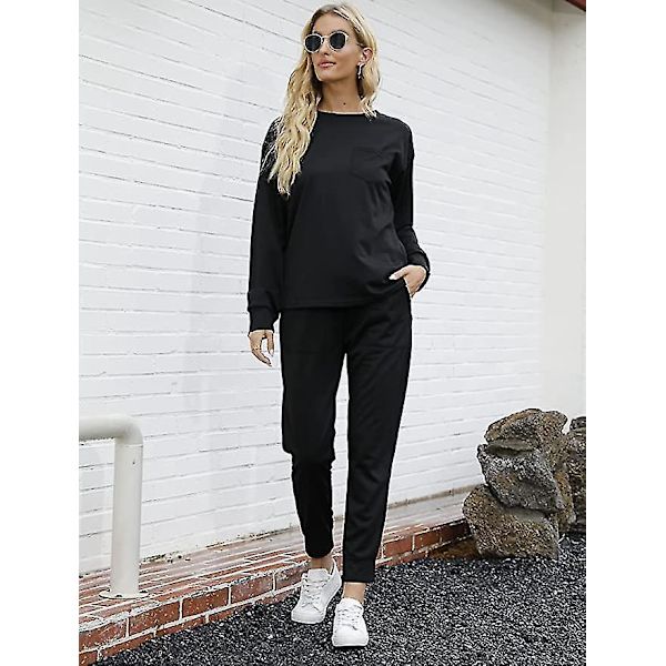 Dam svart XL lös passform 2-delad loungewear set med fickor