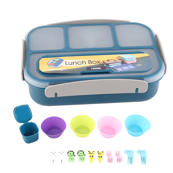 16ST Set Bento Box Uusiokäyttöinen 1300ml 4 Lokeroa Aikuisten Lounaslaatikko Lusikalla Hedelmille Lounaalle Sininen