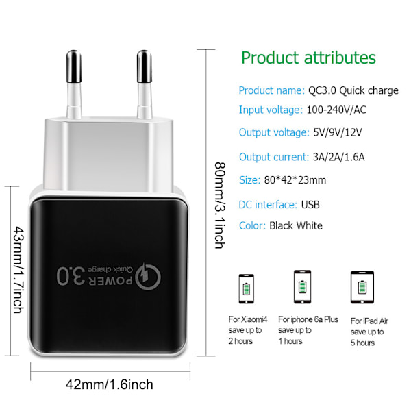 Universal QC3.0 USB-lader EU-stik 18W Quick Charge 3.0 Hurtigadapter Vægstik Mobiltelefonlader