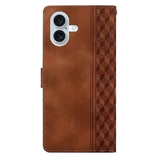 Kompatibel med iPhone 16 Plus læderetui præget ternet pung etui med stativ og foldbart låg Brown