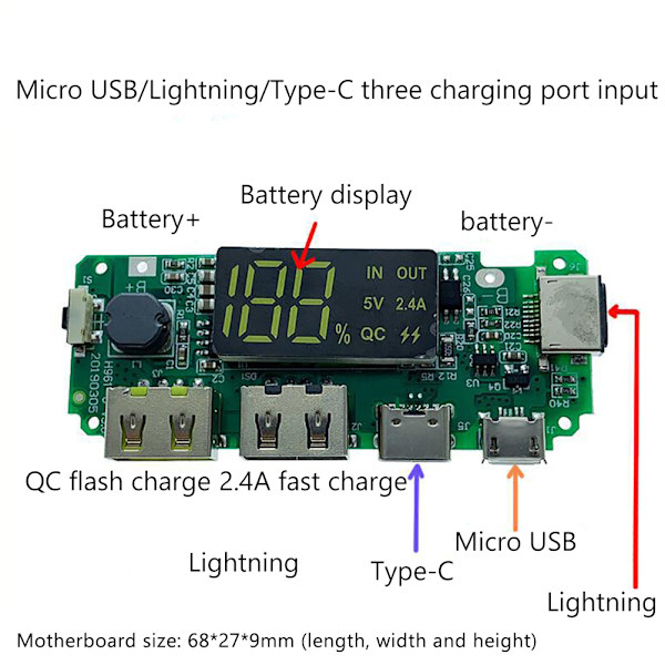 USB QC3.0 hurtiglademodul 18650 Lithium Li-ion batteri Power Bank oplader
