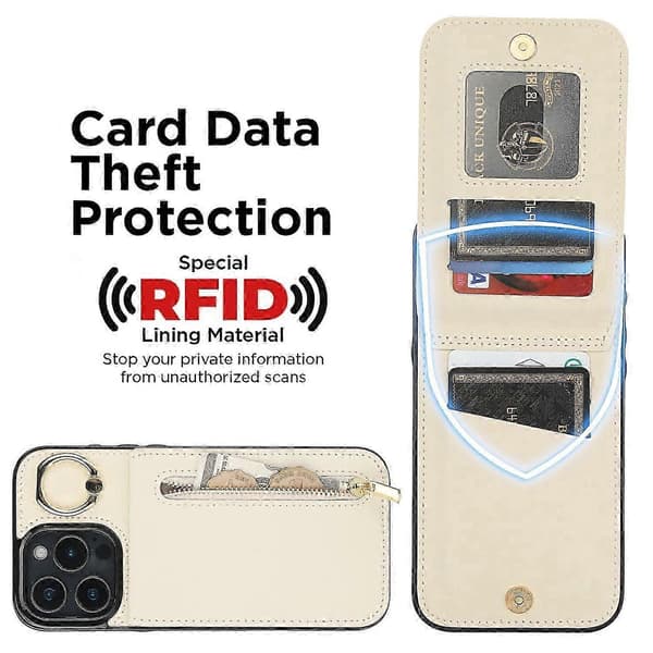 Deksler til iPhone 16 Pro Max med RFID-blokkerende ring, stativ, retrolær+tpu, fallsikkert telefondeksel - Wi Beige