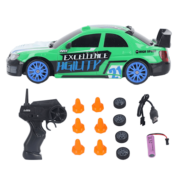 RC Racerbil 1/24 Grønn Sikker Sterk ABS Kraftig Motor 10Mph Lettstyrt RC Drifting Car med Barrikade for Barn Voksne