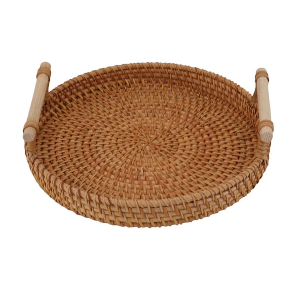 Rattan Fruit Tray with Solid Wood Handle Exquisite Hand-Woven Round Serving Tray for Storage Display Bread Fruit M