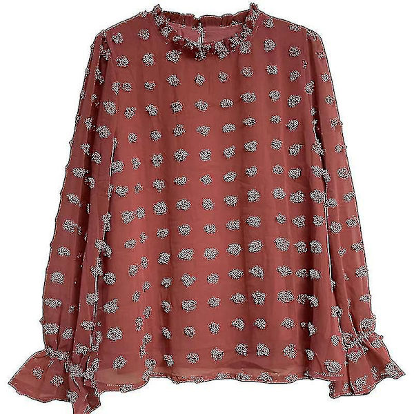 Chiffon Bluser med Lange Ærmer og Rufflet Hals - Kvinders Casual Pullover Top - Rød M