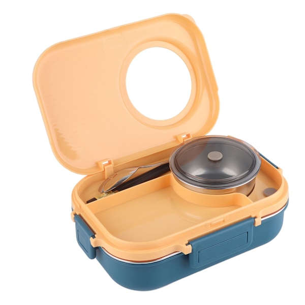 Termisk Matboks 1100ml Dobbeltlags 3 Rutenett Design 304 Rustfritt Stål Bentoboks med Pinner Sked Suppebolle Blå Gul