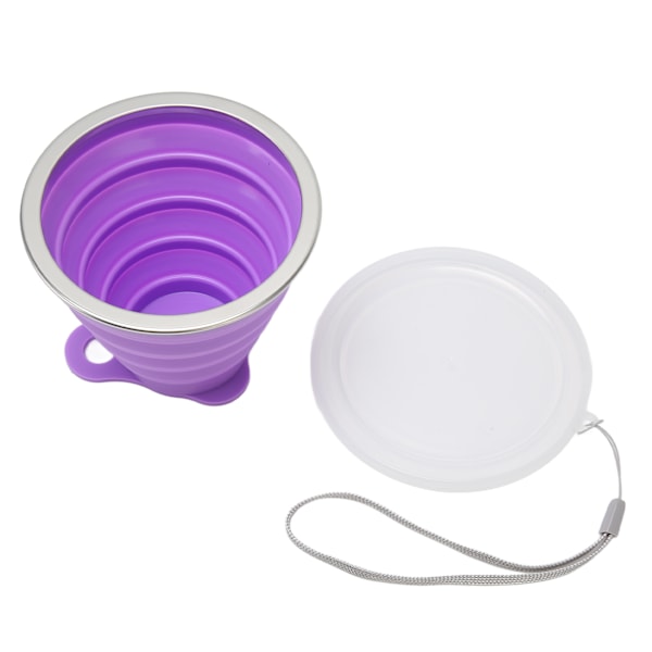 Kokoontaittuva vesikuppi 270 ml, elintarvikelaatuinen silikoni, pieni kannettava kokoontaitettava retkeilykuppi kannella matkailuun, toimistoon, ulkoiluun, violetti