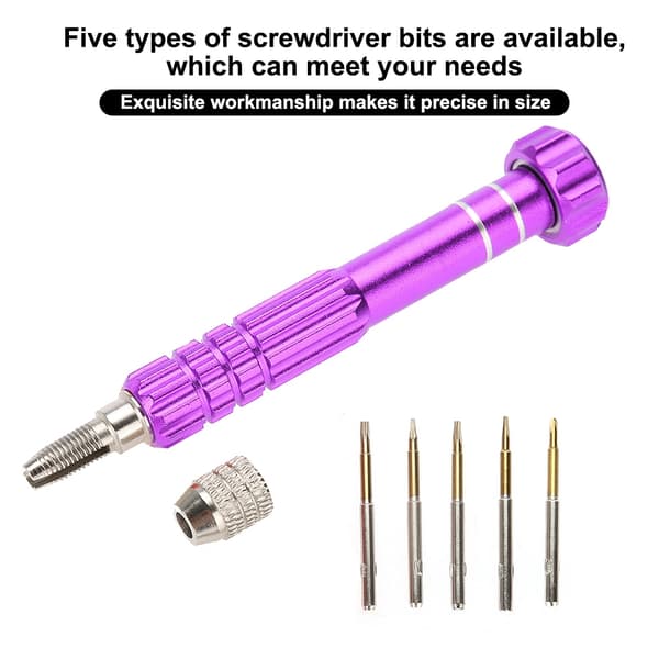 Screwdriver Handle with 5 Precision Bits Phone Glasses Watch Repair Tool Kit (Purple)