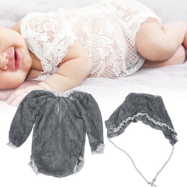 Babyfotografering Jumpsuit Fotorekvisit Hat Spidsoutfit Kostumesæt til Nyfødt Grå