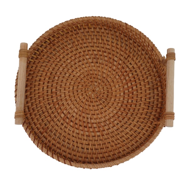 Rattan Fruit Tray with Solid Wood Handle Exquisite Hand-Woven Round Serving Tray for Storage Display Bread Fruit M