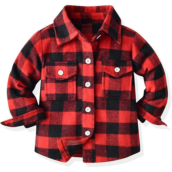 Flannelskjortejakke til baby drenge og piger, langærmet reversknappet jakke, efterårs- og vintertøj (7-8 år, B-rød)