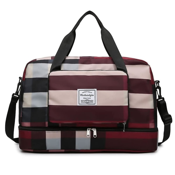 Foldbar rejsetaske, sammenfoldelig plaid tør og våd adskillelse skulder crossbody taske Let sportstaske med skulderrem Red