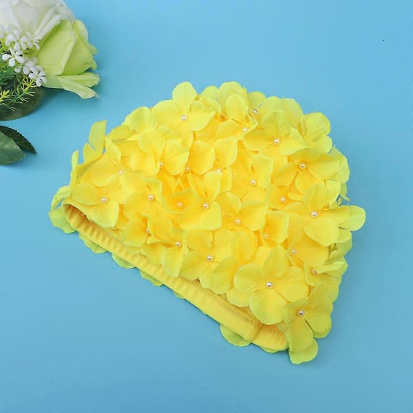 Moderne badehætte med blomstret bladmønster, stilfuld badehætte, størrelse L til kvinder (gul)