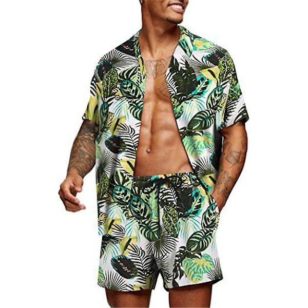 Hawaiian Printed Men's Casual Button Down Shirt Set - Green