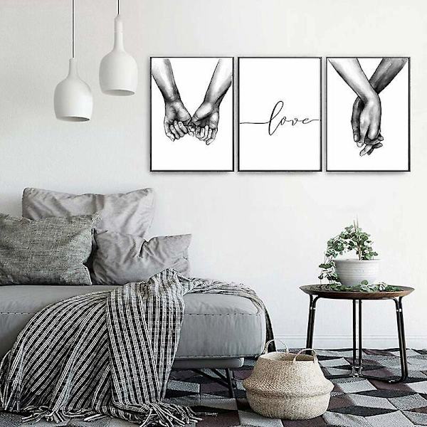Nordic Love Set - Mustavalkoiset Kädet Pitävät Toisiaan - Makuuhuoneen ja Olohuoneen Seinätaidekoriste
