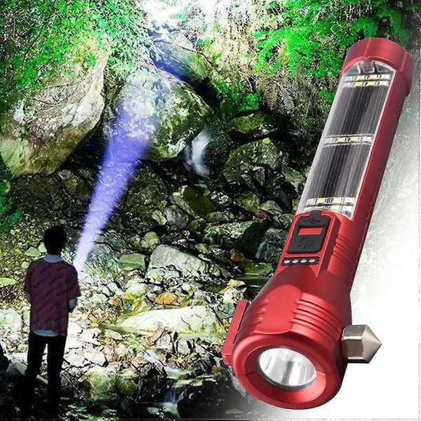 Solcelledrevet og LED-USB-lommelykt med USB-lading og bilhammerfunksjon Red