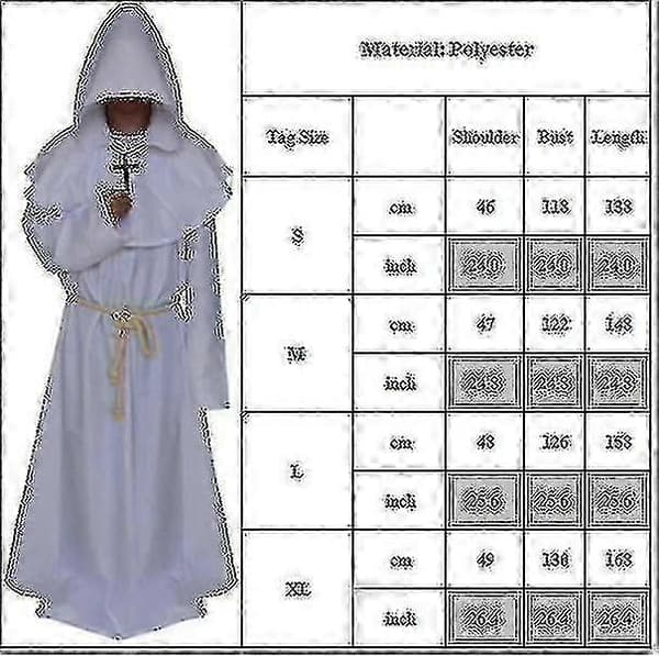 Voksen munk med hætte, kappe, kapmunk, middelalderlig præstekostume White XL
