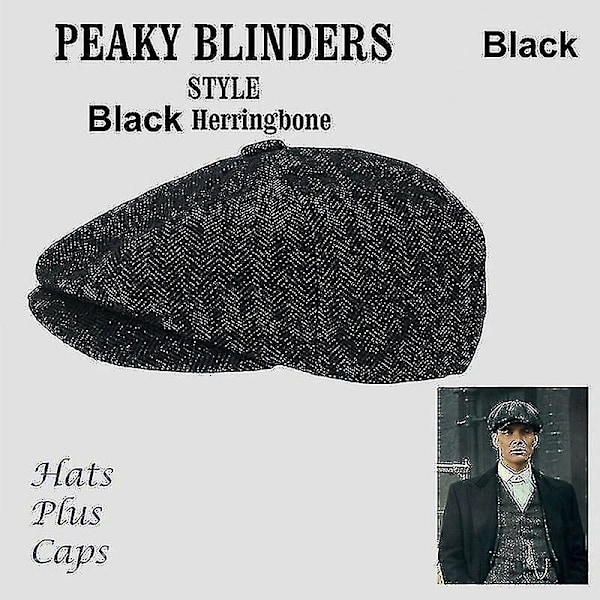 Hatt for menn i ullblanding, herringbeint tweed, newsboy-stil, varm vinterhatt