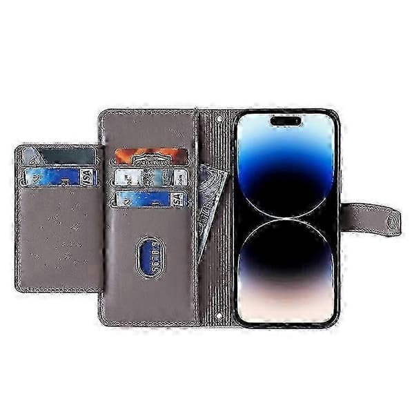 Kompatibelt för iPhone 14 Pro, texturerat PU-läder, flera kortfack, stativ, dragkedja, vikbart lock, plånboksfodral med handledsficka, S JH8 Grey