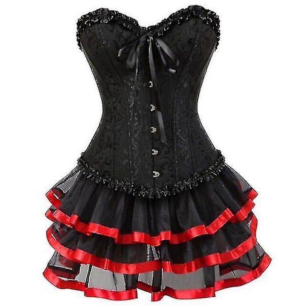 Rød Plus Size Sexy Korset Kjole Sæt med Burlesque Overbust Korset og Mini Skørt