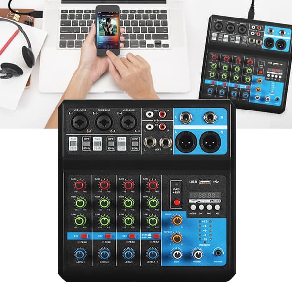 Lydmikserstasjon Liten 5-veis liveopptak DJ-lydkortkonsollmikser USB Bluetooth digital effektor EU-plugg