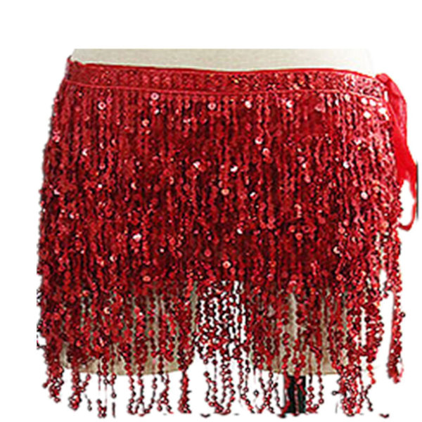 Glimtende Sequin Mave-Danse Skørt med Tassel Kant - Rød Kostume til Kvinder og Piger